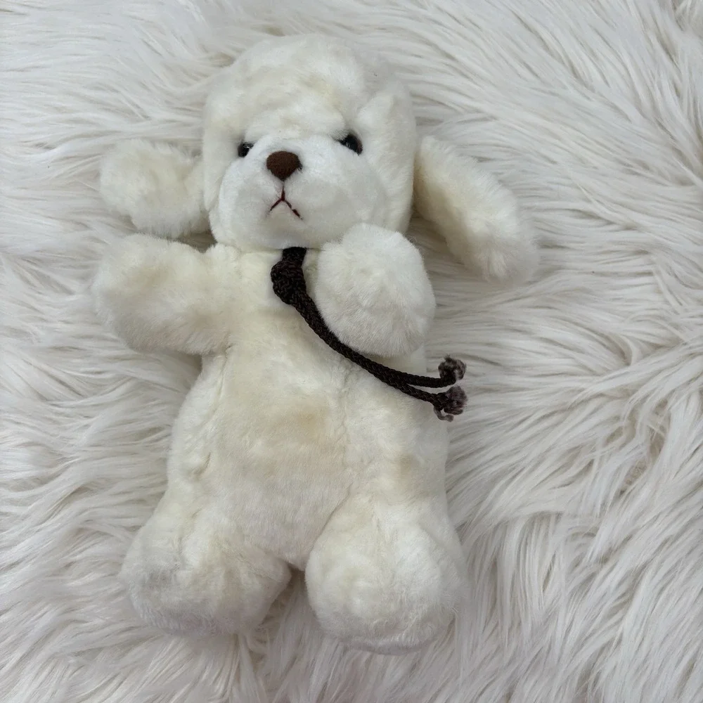 Gund 1982‎ White Baby Smooch Puppy Dog Rope Tie Rattle Plush Stuffed VTG 80s